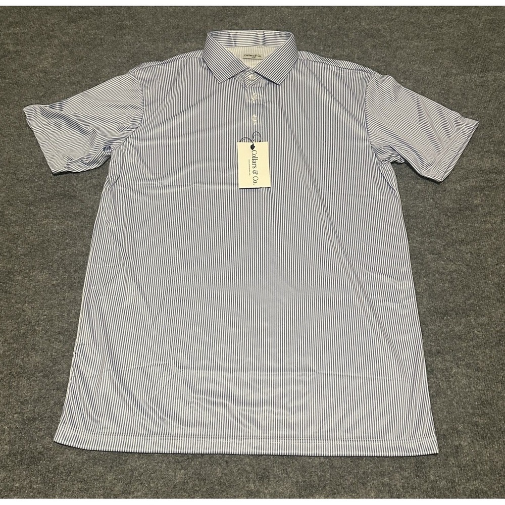 Collars & Co Men's Large Blue Pinstripe Dress Collar Polo Shirt Wicking NWT